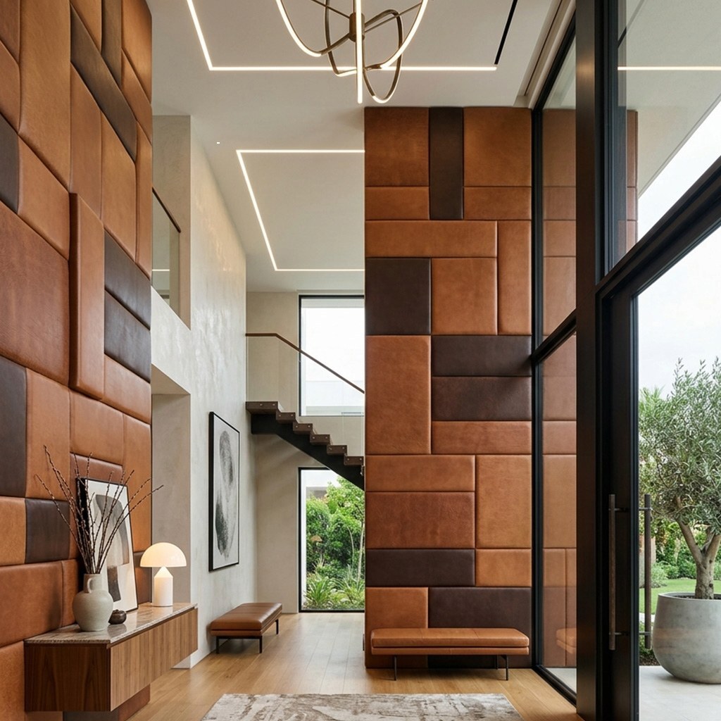 Lederwand im Eingangsbereich einer Designervilla in Deutschland.