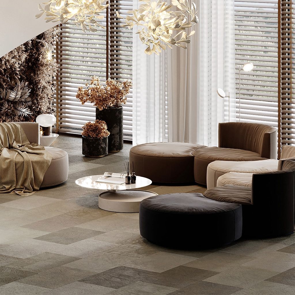 Blick in ein Wohnzimmer mit Velourlederboden in beige.