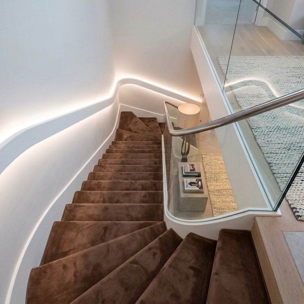 Velourledertreppen in braunem Velourleder verkleidet.