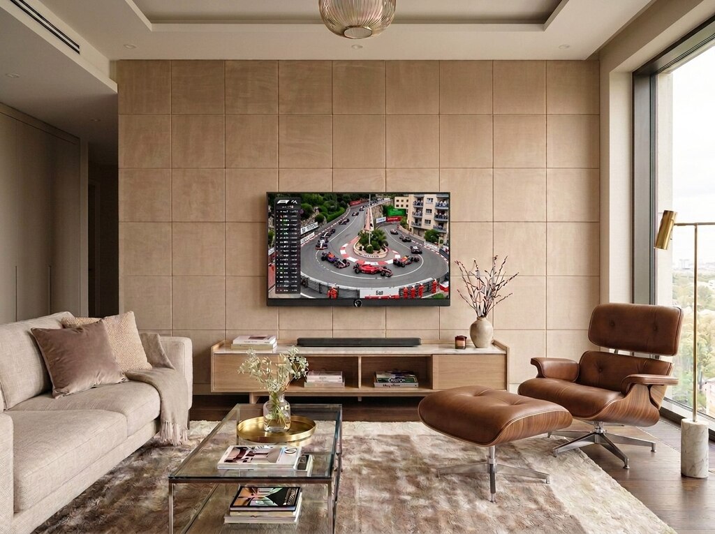 Wohnzimmer mit Velourleder an der Wand in hellbeige