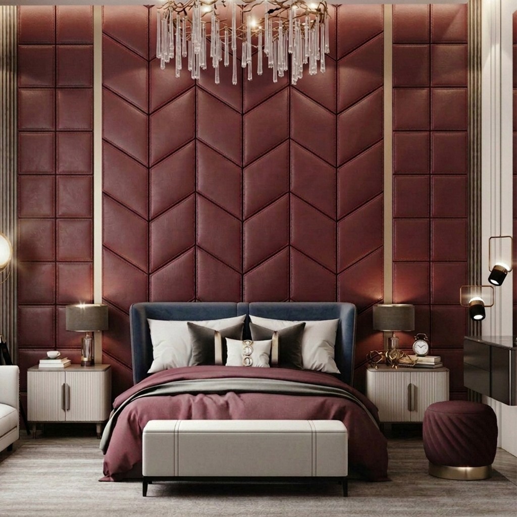 Schlafzimmer in gehobener AUsstattung mit handgefertigten Lederpaneelen in bordeaux an der Rückwand des Bettes.