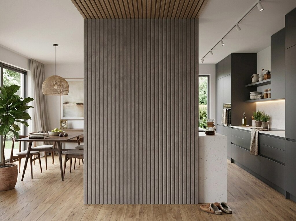 Graues Velourleder als Lederpaneelen auf einem Kamin als Verkleidung.