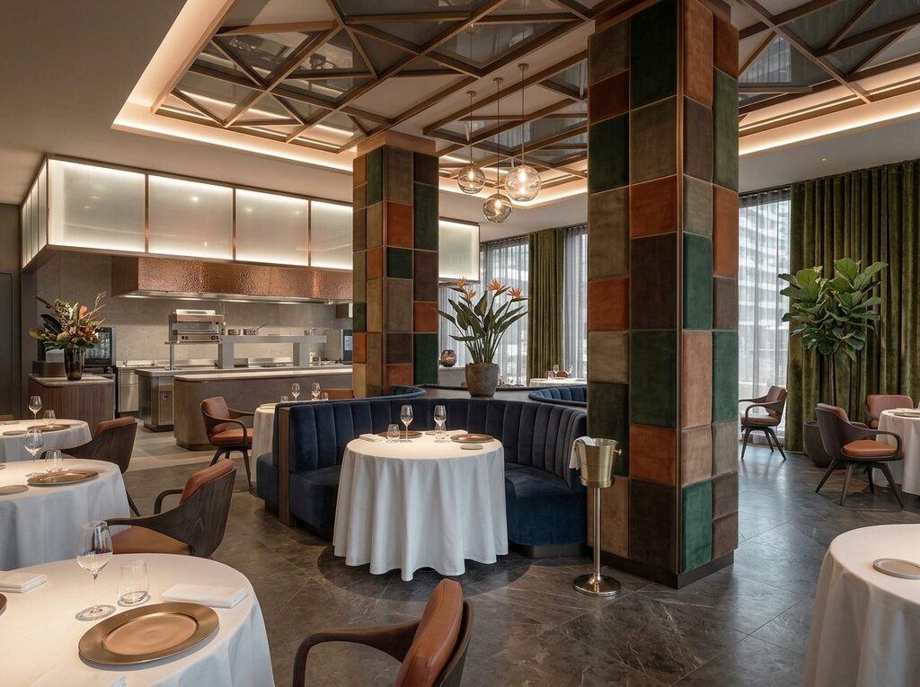 Exklusives Restaurant mit Schallschutzpaneelen an den Säulen in der Raummitte.