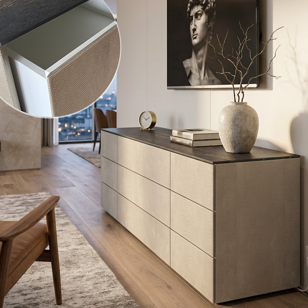 Wohnzimmer mit mit Sideboard in weißen Leder mit Snakeoptik bezogen, und Detailaufnahme mit Snakeoptik Leder