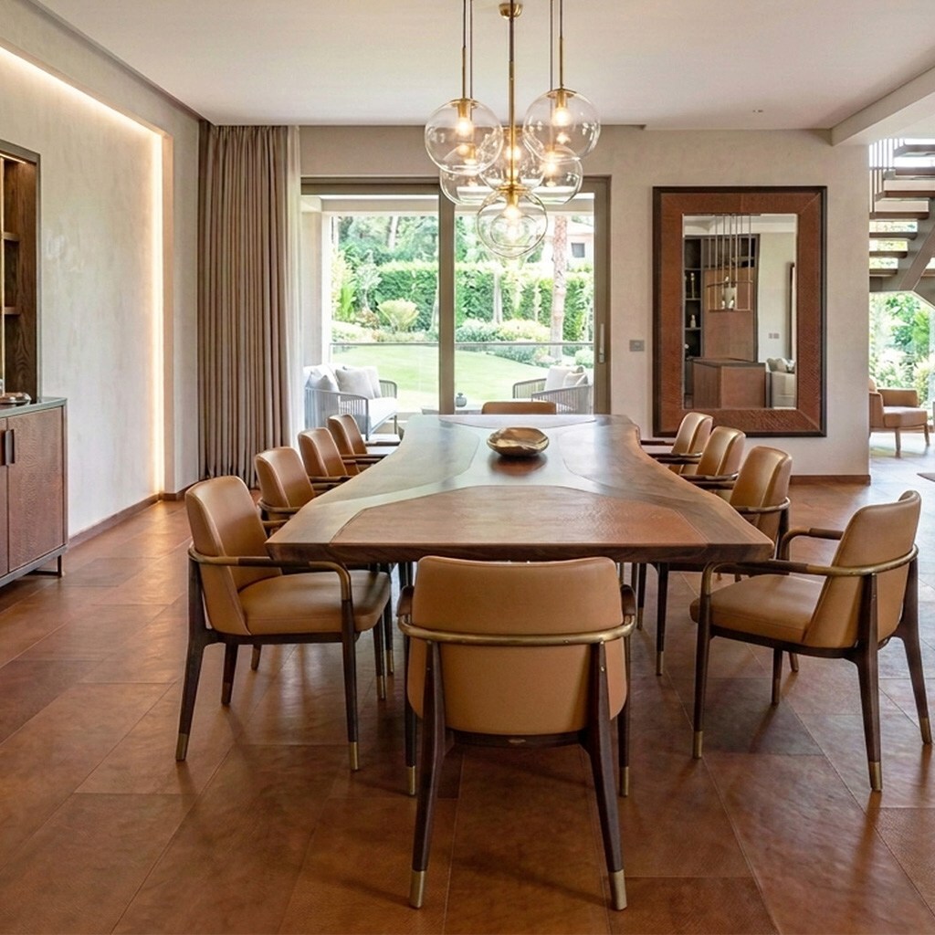 Schönes, klassisch. hochwertiges Esszimmer mit Lederboden in braun.
