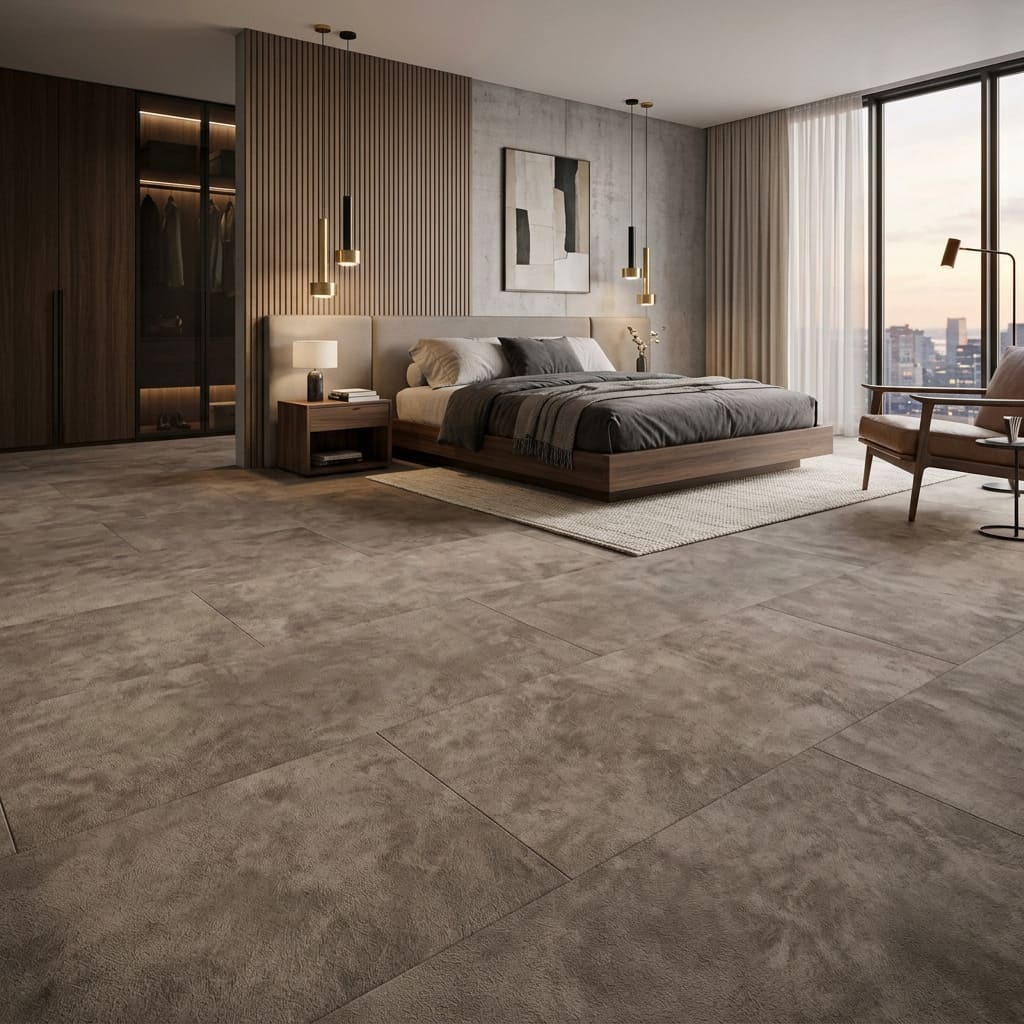 Schlafzimmer mit braun-grauem Velourlederboden in Designervilla.