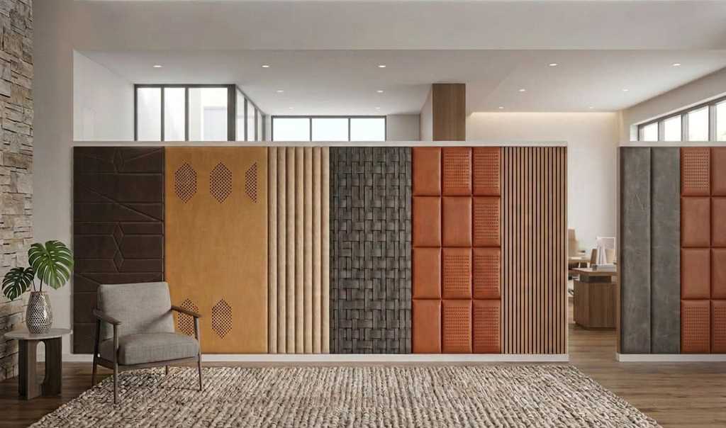 Akustiklederwände in Showroom in verschiedenen Ausführungen und Farben.