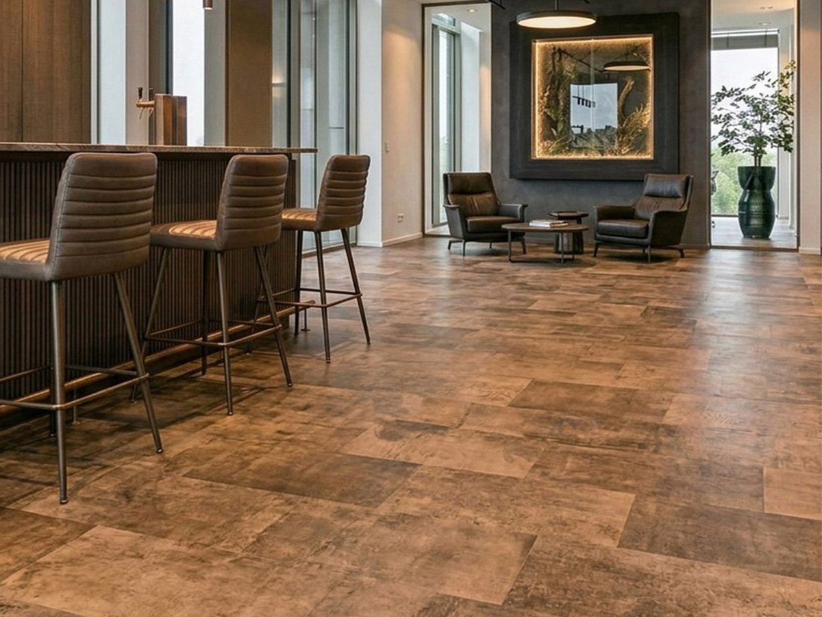 Lederboden in sand aus der Kollektion Premium shaded in einer Hotelbar.